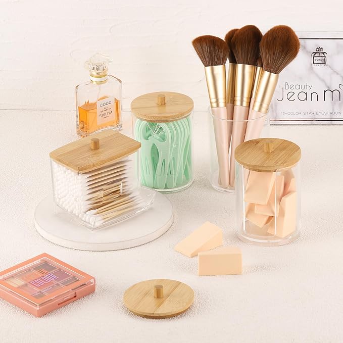 Tbestmax 4 Pack Qtip Holder Bathroom Container, 10/7oz Cotton Ball Cotton Swabs Pads Dispenser, Apothecary Jar with Bamboo Lids for Organizer and Storage (Beige)