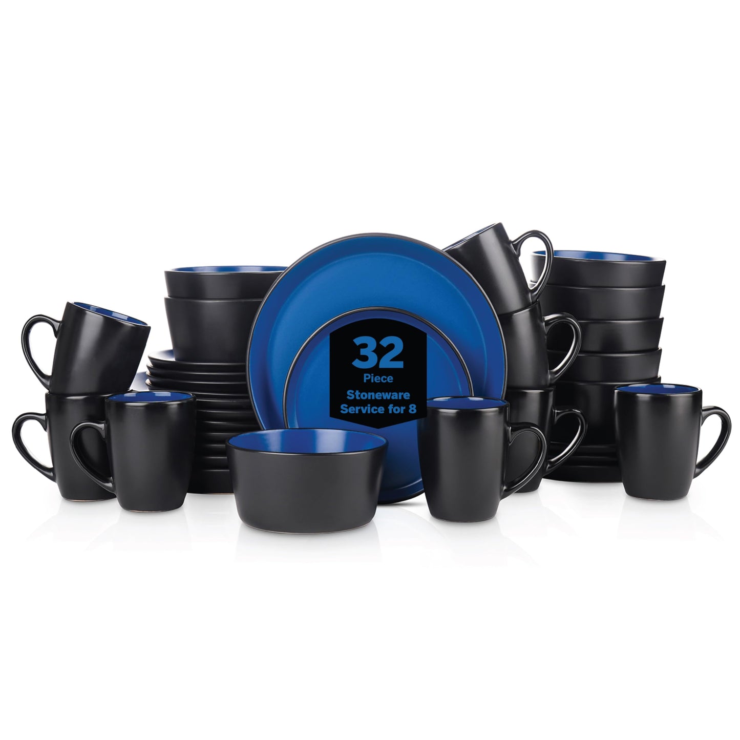 Stone Lain Albie Stoneware 32-Piece Modern Dinnerware Set, Kitchen Plates and Bowls Sets, Service for 8, Blue and Black, Microwave & Dishwasher Safe