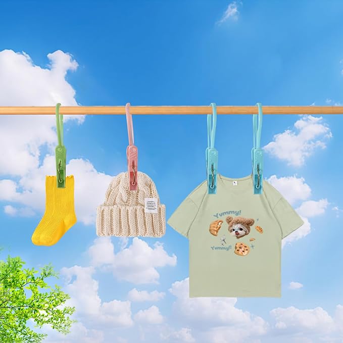 24 Pack Plastic Clothes Pins Heavy Duty Outdoor for Hanging Clothes,Mini ClothesPins with Hanging Rope,Hangers with Clips, Bag Clips,Photo Clips Craft Clips