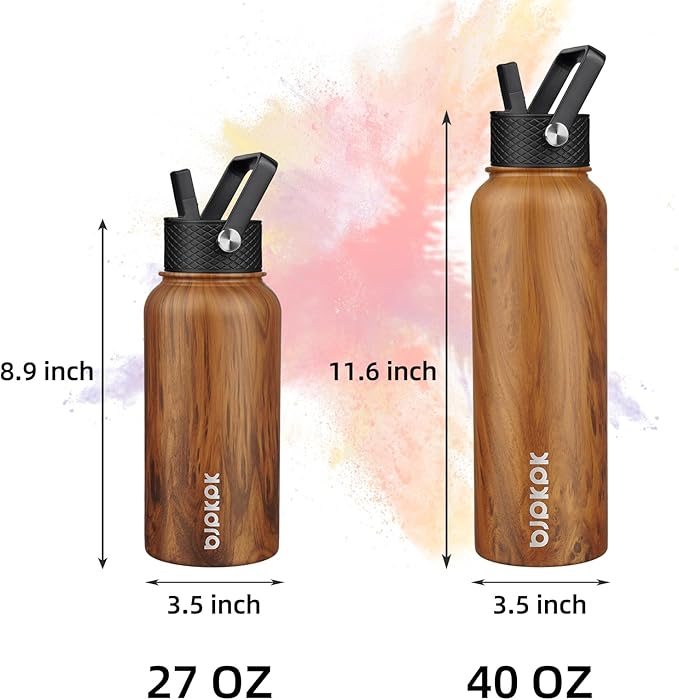BJPKPK Insulated Water Bottles with Straw Lid, 40oz Stainless Steel Water Bottles with 3 Lids, BPA Free Leakproof Thermo, Tumblers, Cups for Sports, Gym- Teakwood
