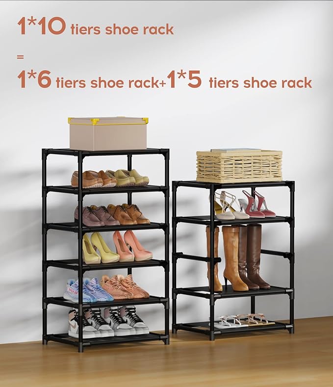 VTRIN Vertical Narrow Shoe Rack Organizer 10 Tier Tall Shoe Shelf Holds 20-22 Pairs with Non-Woven Dustproof Cover for Closet, Entryway Black