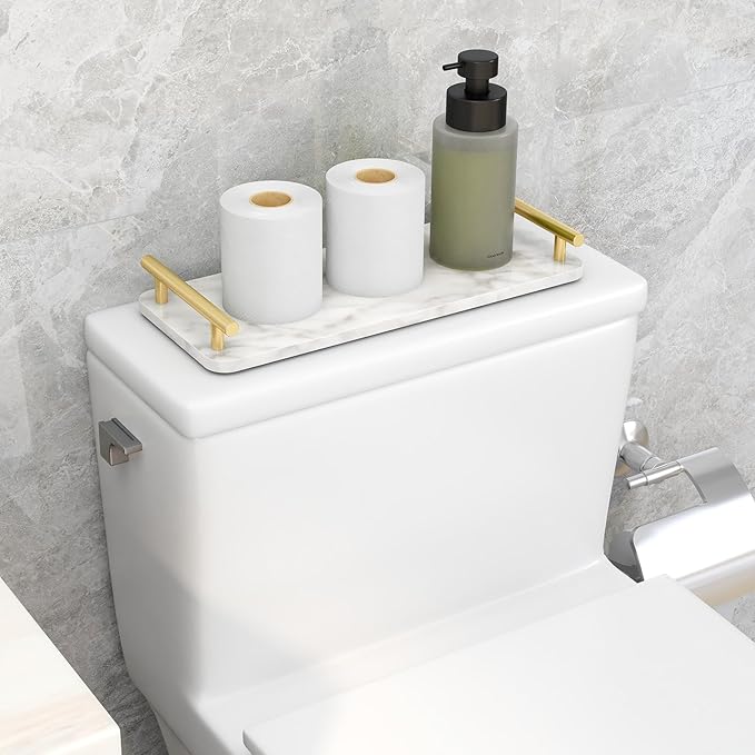 Toilet Paper Basket, Stainless Steel Tank Tray with Handle for Organizing - Toilet Paper Basket Storage for Tank, Bathroom, Kitchen Counter (Marble+Gold)
