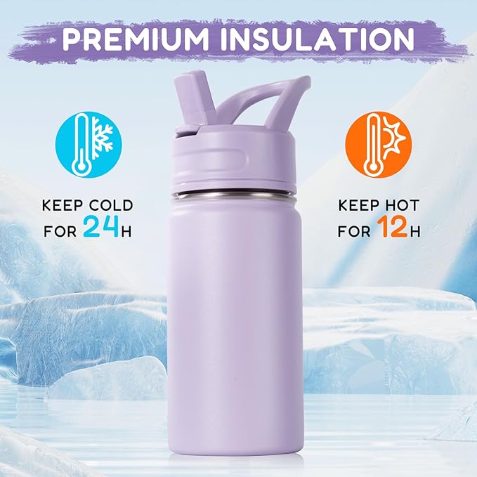12oz Water Bottle with Straws, Stainless Steel Vacuum Insulated Water Bottle Leak-Proof, BPA-Free, Purple + Pink