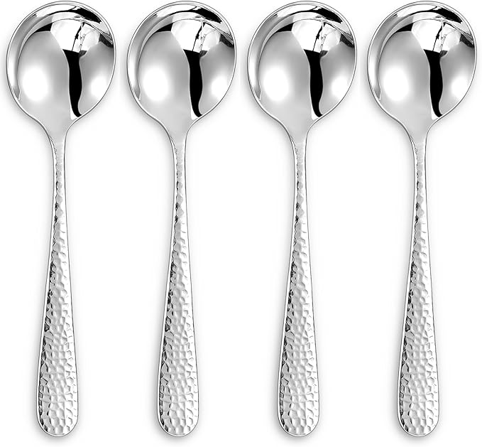 KEAWELL Premium Louise Hammered 4-Piece Soup Spoon Set (7" Soup Spoons)