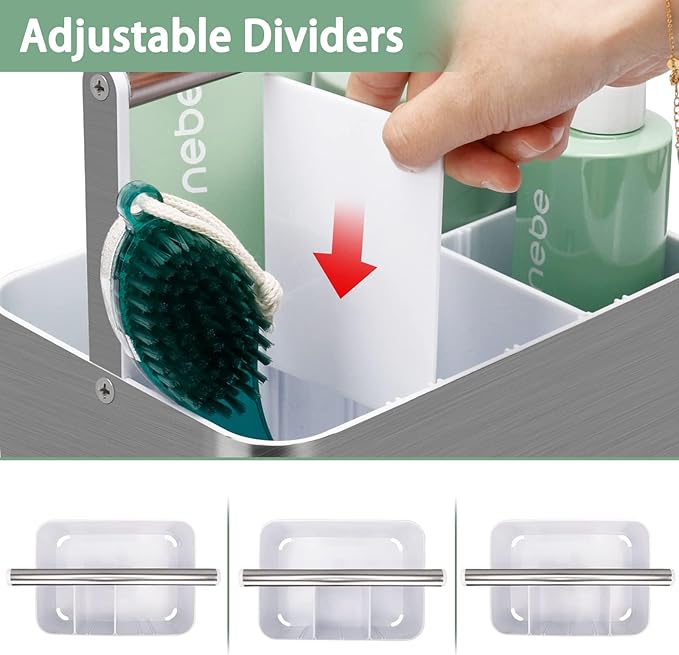 Plastic Shower Caddy Dorm - Portable Bathroom Caddy Organizer with Handle and Divider for College Dorm & Shared Bathroom, Hard Shower Tote for Toiletry, Brushed Nickel White