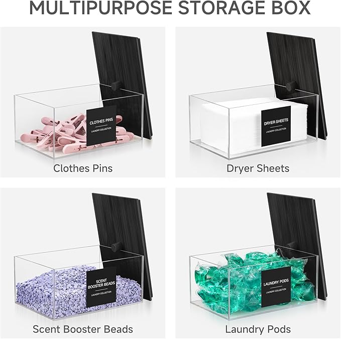 TIPGO Acrylic Dryer Sheet Holder with Lid, Clear Laundry Sheets Container with 27 Labels, Laundry Pods Storage for Laundry Room Organization - Black