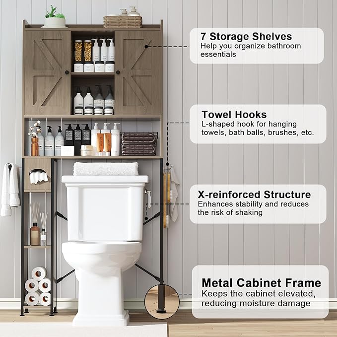 EasyCom Over The Toilet Storage Cabinet with Metal Frame and 7 Storage Shelves, Bathroom Organizer with Adjustable Shelves and Paper Holder, Farmhouse Storage Cabinet for Bathroom, Laundry, Oak Grey