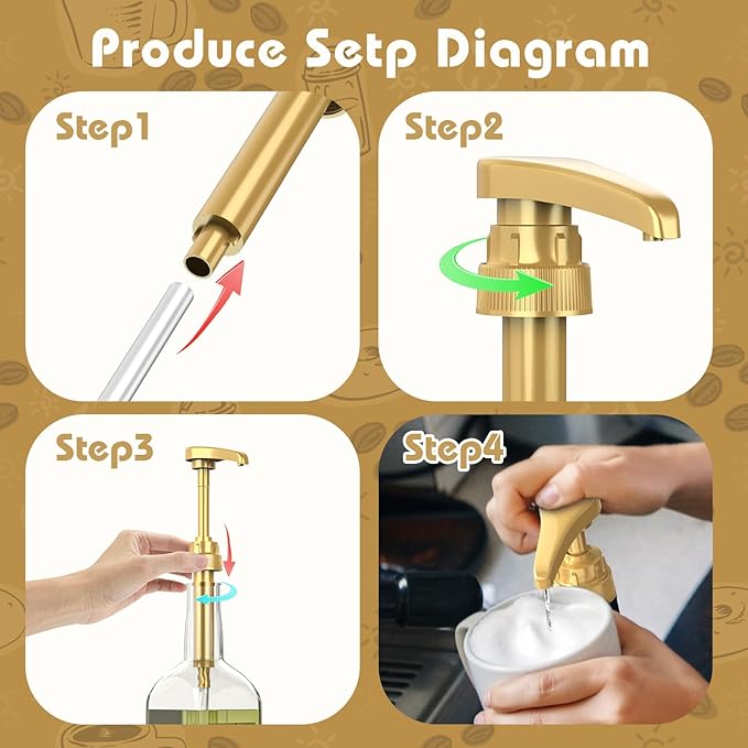 Coffee Syrup Pump Dispenser, 4 Packs of Syrup Pump for 750ml/25.4 oz Syrup Bottle, Gold Pumps for Coffee Syrup Bottle, works with Torani, DaVinci, Jordans Skinny 750ml Syrups Bottles (Gold)