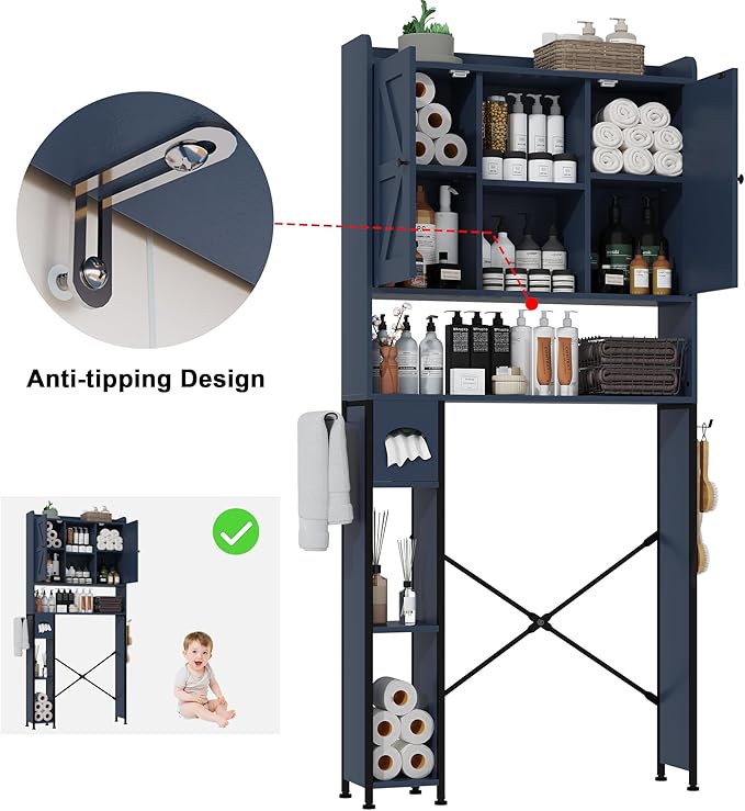 EasyCom Over The Toilet Storage Cabinet with Metal Frame and 7 Storage Shelves, Bathroom Organizer with Adjustable Shelves and Paper Holder, Farmhouse Storage Cabinet for Bathroom, Laundry, Dark Blue