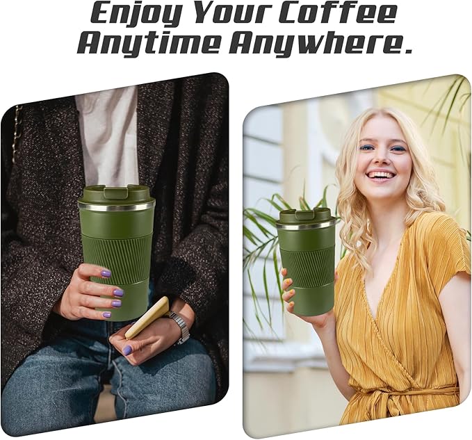 Vacuum-Insulated Stainless Steel Travel Coffee Mug, Leak-Proof Reusable Coffee Cup with Lid - Keep Hot & Cold Drinks for Hours, Durable Insulated Tumbler for Men & Women(3rd-Green, 12OZ)