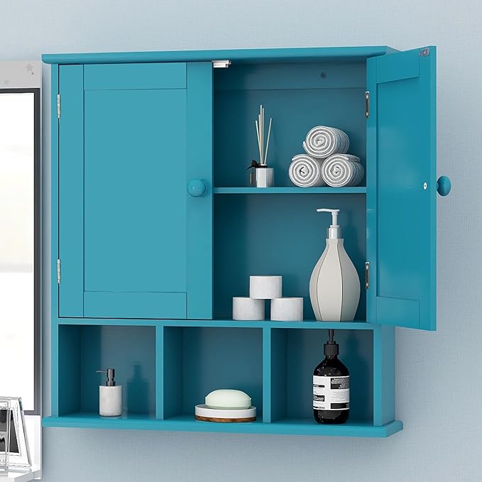 TaoHFE Turquoise Bathroom Cabinet,Bathroom Wall Cabinet with 2 Door Adjustable Shelves,Over The Toilet Storage Cabinet,Blue Bathrooms Cabinet Wall Mounted,Medicine Cabinets for Laundry