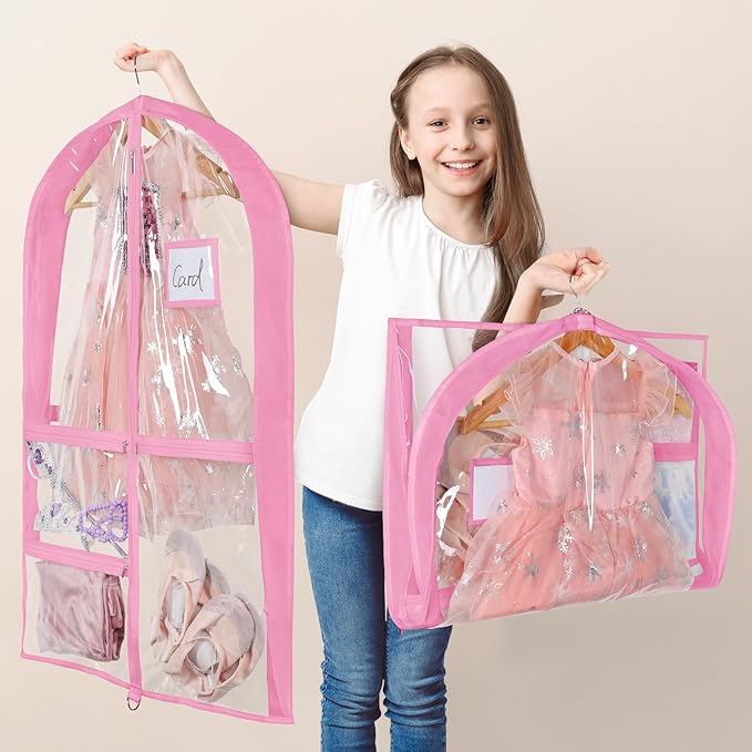 Univivi Clear PVC Dance Costume Bags, 35 Inch Garment Bag for Dance Competitions, with 3 Seperated Medium Clear Zipper Pockets and 1 Large Back Zippered Pocket (Clear/Pink)