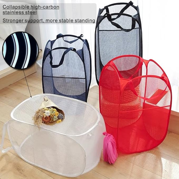 BATTOO Deluxe Strong Mesh Pop up Laundry Hamper Basket with Side Pocket for Laundry Room, Bathroom, Kids Room, College Dorm or Travel Black+White
