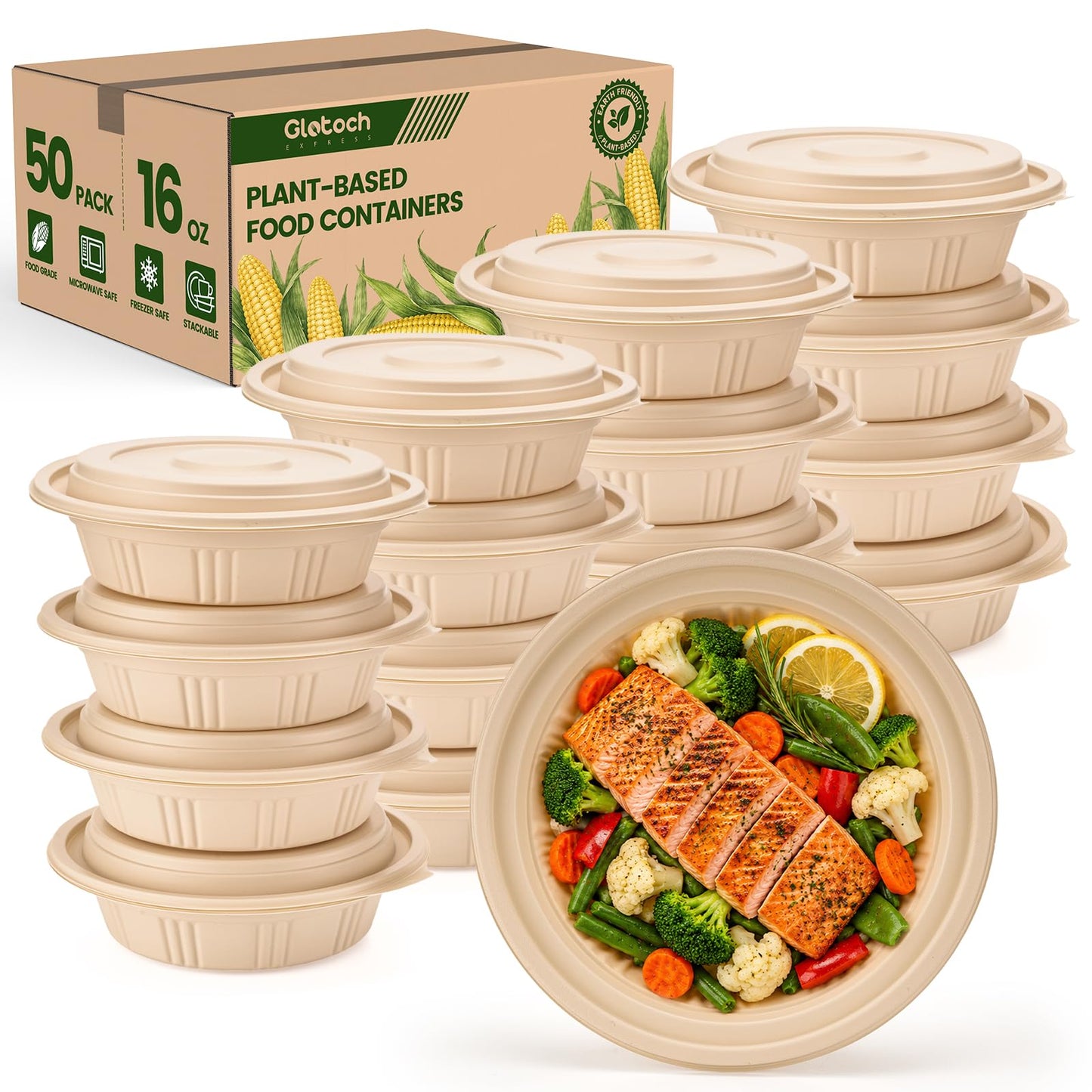 100 Piece (50 Pack) Meal Prep Containers Reusable - 2 Compartment 32 oz Cornstarch Snack Containers with Lids - Plastic Food Storage Salad Containers - To Go Lunch Box - Microwave & Freezer Safe