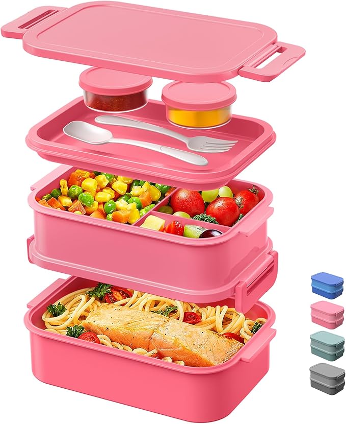 DaCool 2 Pack Adults Lunchbox Bento Box 74 OZ Stackable Lunch Box for Kids Adults Men Women Teens Leakproof Bento Large Lunch Box Container with Fork Spoon Sauce Box for School Work,Grey,Morandi-Green