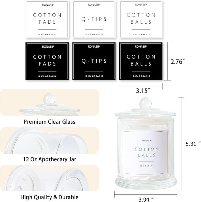 3 Pack Qtip Holder Dispenser, 16oz Bathroom Organizer and Storage Canisters, Glass Apothecary Jars with Lid - Home Decor, Room Decor Aesthetic(Transparent)