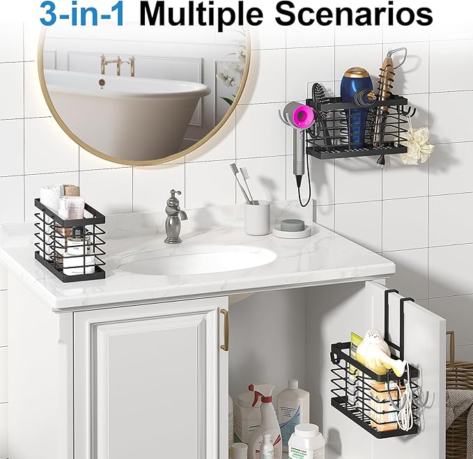 Hair Tool Organizer, 2026 Upgraded 3-in-1 Universal Hair Dryer Holder, Adjustable Height Metal Blow Dryer Holder Wall Mounted/Over Cabinet Door/Free-Standing (Black)