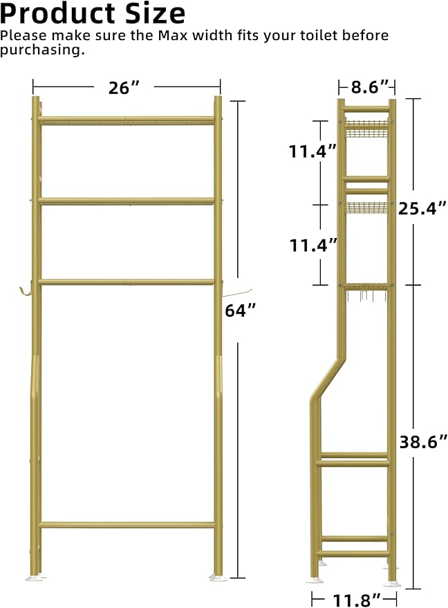 3-Tier Over The Toilet Storage, Freestanding Metal Bathroom Shelves with 4 Hooks, Over Toilet Storage Shelf with Paper Holder, Above The Toilet Shelf for Bathroom Storage, Gold