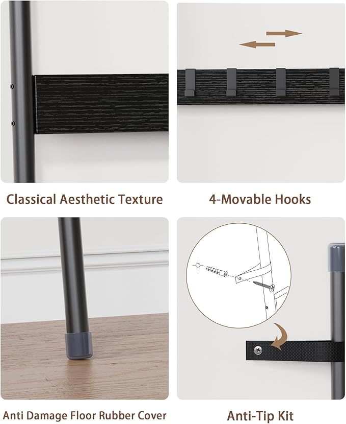 Blanket Ladder, 6-Tier Towel Holder with 4 Removable Hooks, Farmhouse Wall Leaning Decorative Rack Shelf, Wooden Towel Display Rack, Quilt Ladder for Living Room, Bedroom, Black