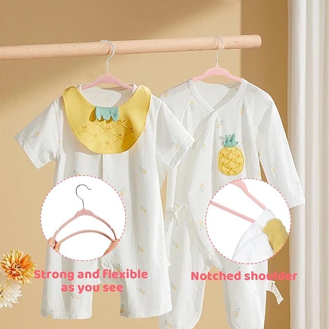 ManGotree 11" Baby Velvet Hangers, Non-Slip Infant Coat Hangers, Ultra-Thin Toddler Felt Hanger with 360° Swivel Hook, Space Saving Children's Hanger for Kids Clothes, 48 Pack (Light Pink)