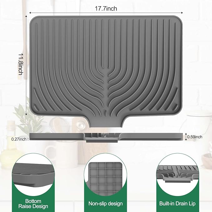 GUUKIN Dish Drying Mat, 17.7" x 11.8 " Drying Matt Kitchen Counter, Dish Drying Rack Mat, Easy Clean Pad for Countertop Protection, Multi-Functional Use (Grey)