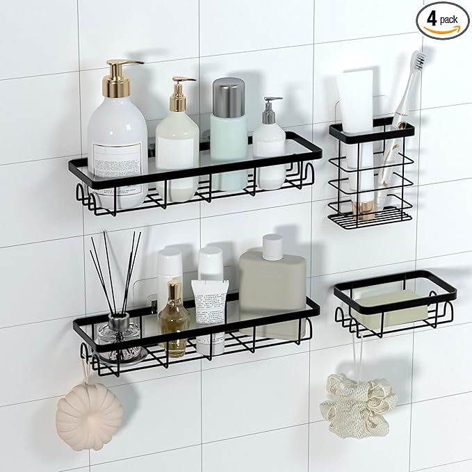 Shower Caddy Organizer with Hooks,Self Adhesive Bathroom Shelves,No Drilling Bathroom Organizers and Storage,Perfect for RV, Apartment, Home Decor,Black 4PCS