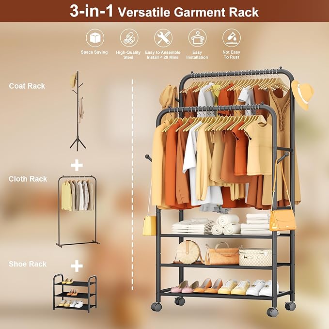 Furologee Clothes Racks for Hanging Clothes, Portable Rolling Garment Rack, Sturdy Metal Freestanding Cloths Racks with Wheels, Double Rods Wardrobe Rack for Bedroom Laundry Living Room