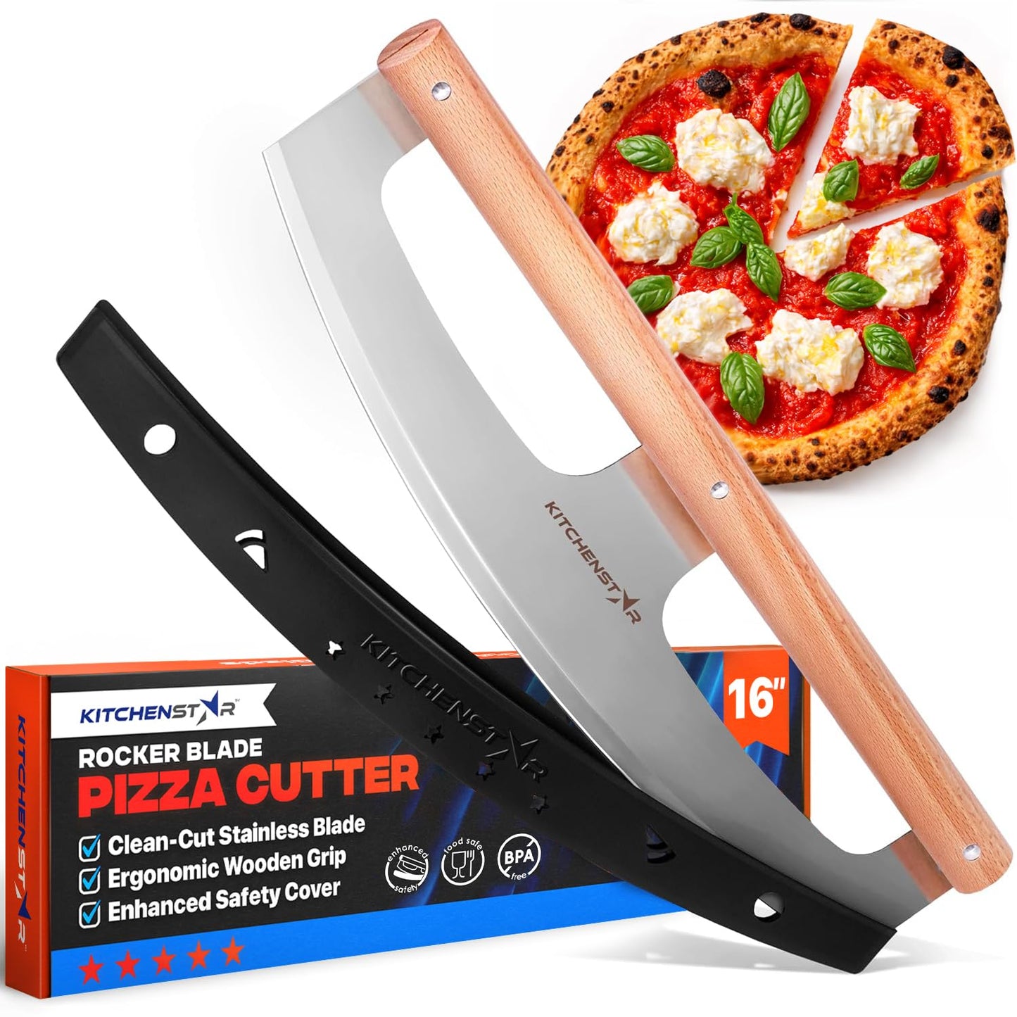 KitchenStar 14-Inch Pizza Cutter Rocker Blade - Razor Sharp Stainless Steel Slicer Knife, Stylish Beech Wood Handle, Protective Cover - Professional Pizza Oven Accessories, Silver