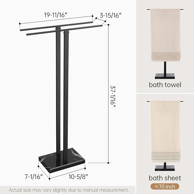 KES Black Towel Racks for Bathroom Freestanding, 37" Equal-Height Standing Towel Rack with Heavy Marble Base, Fits Large Bath Towel, 18/8 Stainless Steel, BTH229-BBK