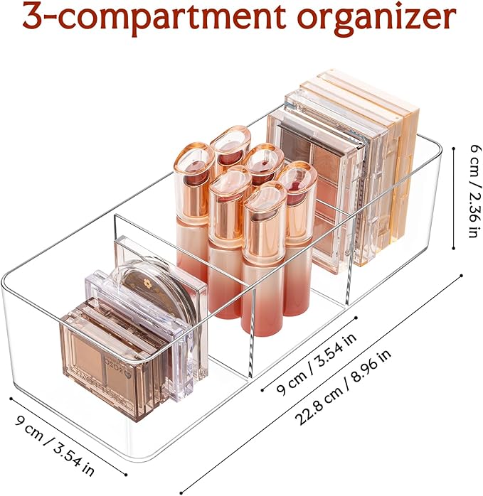 Acrylic Organizers Makeup Storage – Cosmetic Organizer for Bathroom Drawer, Display Case for Vanity, Countertop, Kitchen, Desk 3-Section