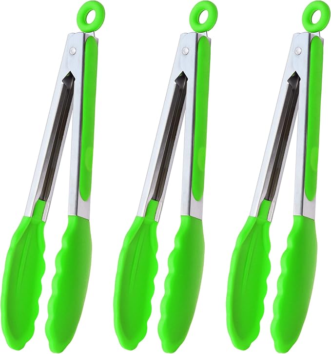 HINMAY Silicone Tipped Tongs 9" Kitchen Cooking Tongs, Set of 3 (Yellow)
