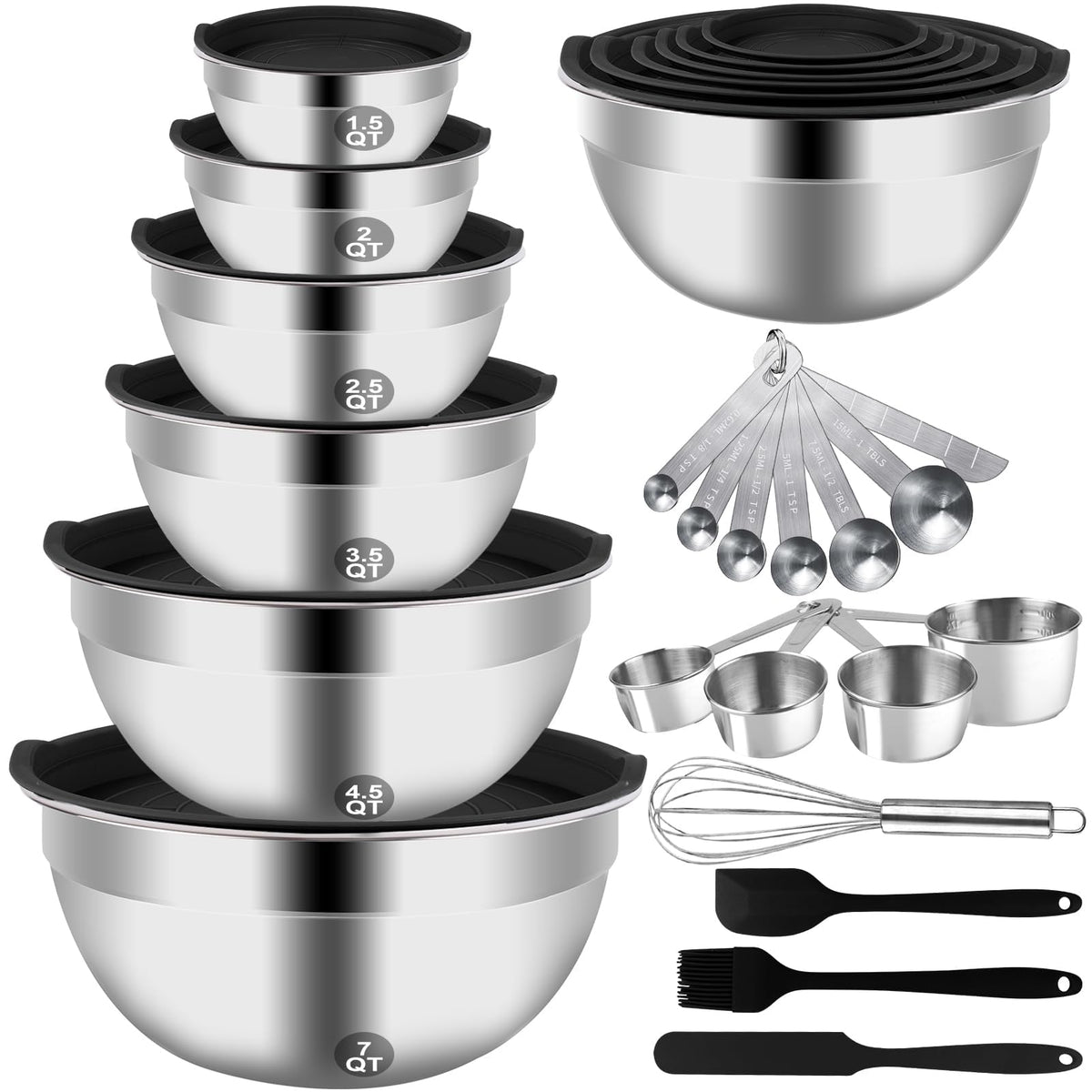WEPSEN Mixing Bowls Set, 27PCS Stainless Steel Mixing Bowl with Lid Set, Large Nesting Bowls 7, 4.5, 3, 2.5, 2, 1.5QT, Measuring Cups and Spoons Baking Utensils Metal Bowl for Kitchen Prep