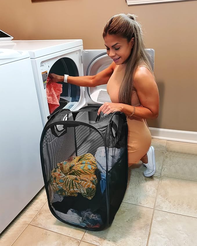 2 Pcs Strong Mesh Pop-up Laundry Hamper, Quality Pop Up Hampers for Laundry with Durable Handles Solid Bottom High Carbon Steel Frame, Easy to Open and Fold Flat for Storage(Black)