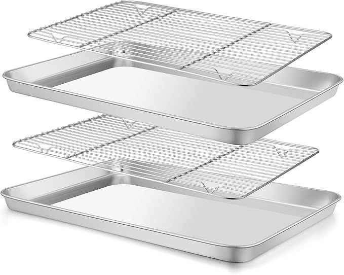 E-far Baking Sheet with Wire Rack (2 Pans + 2 Racks), Large Stainless Steel Cookie Sheets Pan & Cooling Rack for Baking Cookies Cake, Non Toxic & Heavy Duty, Oven & Dishwasher Safe, 18 x 13 x 1 Inch