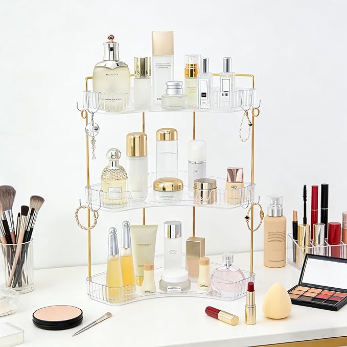 3-Tier Corner Bathroom Organizer Countertop with Hooks, Bathroom Sink Corner Vanity Storage for Makeup, Skincare and Perfume (White Gold)