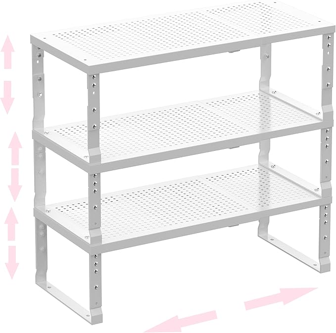 Asiingkel Metal Stackable Expandable Storage Shelf - Multi-Functional Home Storage Shelf, Suitable for Kitchen, Cabinet，Bathroom, Office, Garage, etc.（3PACKS/White/Medium