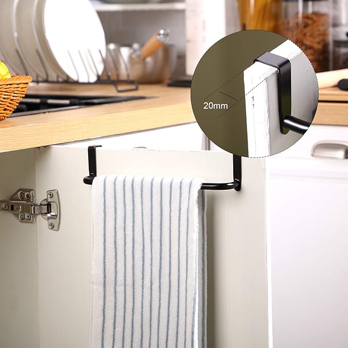 2 Pieces Metal Towel Bar Kitchen Cabinet Steel Towel Rack Bar for Hanging on Inside or Outside of Doors, Home Kitchen Bathroom(Black)