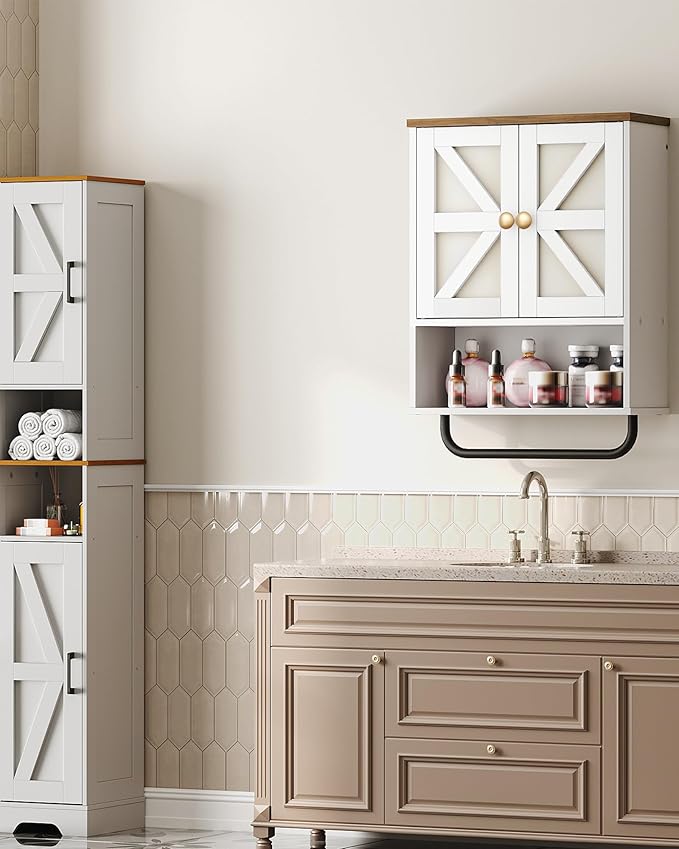 Bathroom Wall Cabinet, Medicine Cabinet with Open Partition and Towel Bar, Rustic Storage Cabinet with Open and Hidden Storage Space, for Bathroom, Living Room, Kitchen, White and Walnut