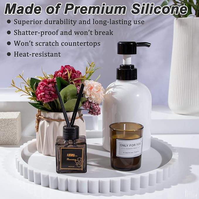 Silicone Bathroom Countertop and Vanity Tray-10 Inch Round Silicone Bathroom Tray, Modern Bathroom Decor, Coffee Table Decor, Decorative Tray for Candle, Perfume, Plants (White)