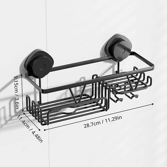 KEGII Shower Caddy Suction Cup with Soap Holder and Hooks, Removable Suction Bathroom Organizer Shelf, No Drilling Shower Organizer, Stainless Steel Shampoo Holder for Bathroom Storage, Black