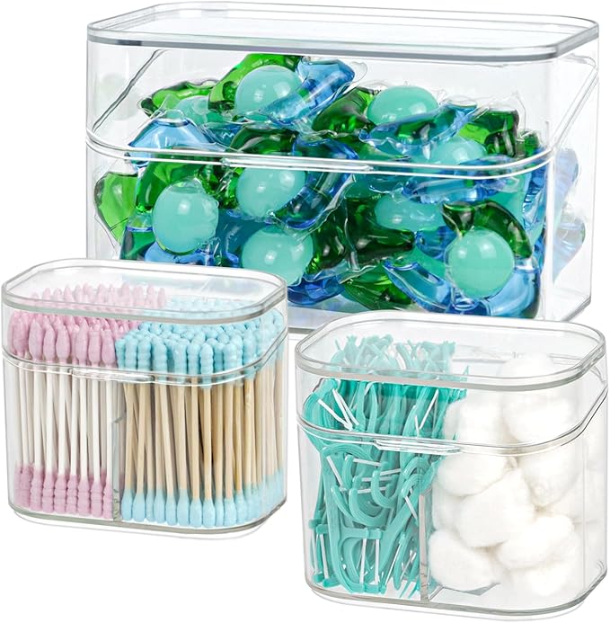 Clear Bathroom Organizer, 2-Size Essentials Set for Hail Accessories & Beauty Supplies,Cotton Swabs,Balls,Pads - Small Clear Plastic Canister Apothecary Jar Set, Vanity Makeup Storage Organizer (L+2S)