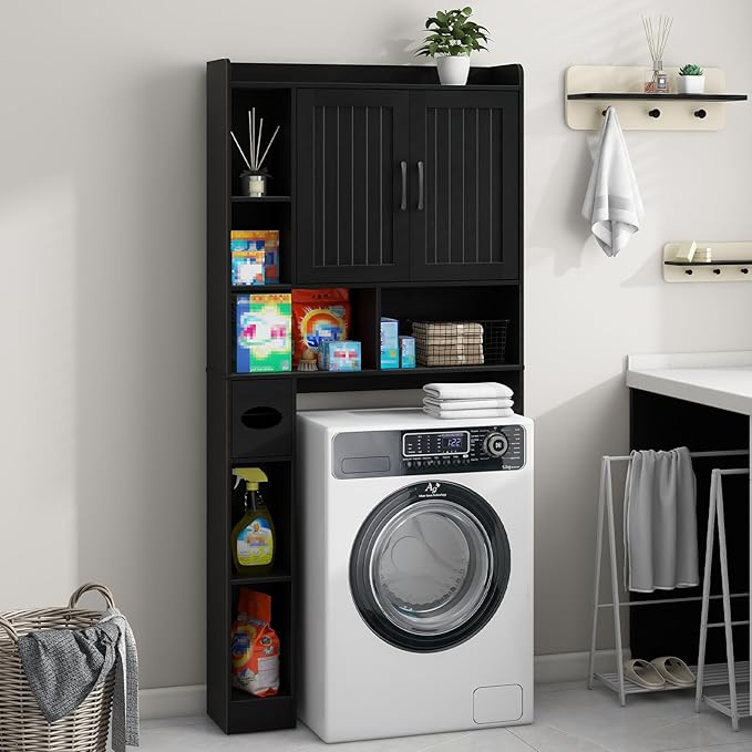 Vabches Over The Toilet Storage Cabinet, Farmhouse Storage Cabinet Over Toilet with Barn Door, Home Space-Saving Toilet Rack, for Bathroom, Restroom, Laundry（Black）.