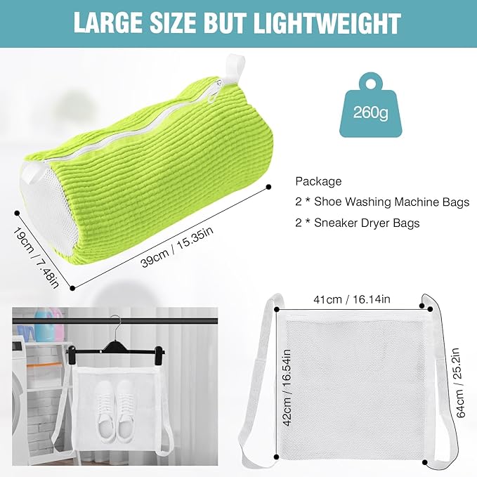 Shoe Washing Machine Bag, Shoe Laundry Bag for Washer and Dryer, Include Dry Net Bag, Reusable and Durable Zipper with Hook Design, Shoe Washing Bag for Sneaker (Green, 2 Pack)