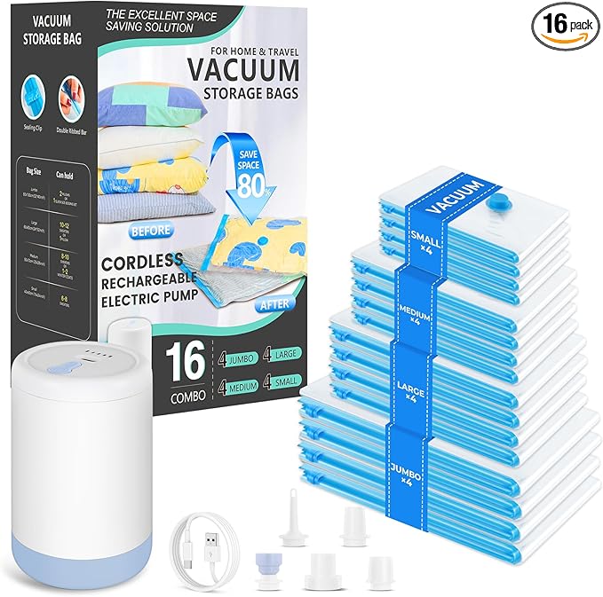 Vacuum Bags for Travel with Portable Electric Pump, 8 Pack Vacuum Seal Bags for Luggage and Suitcase Compression, Space Saver Vacuum Storage Bags for Clothes and Clothing Travel