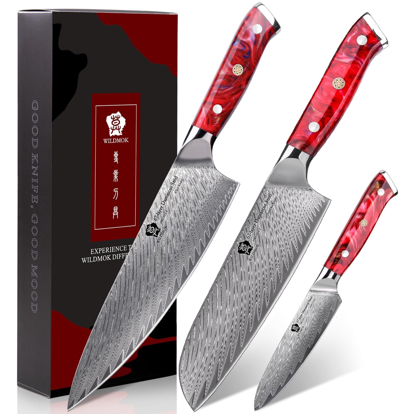 WILDMOK Damascus Kitchen Knife Set, Chef Knife Set, Sharp Damascus Steel Forged Blade Kitchen Knives Set with Ergonomic Resin Handle