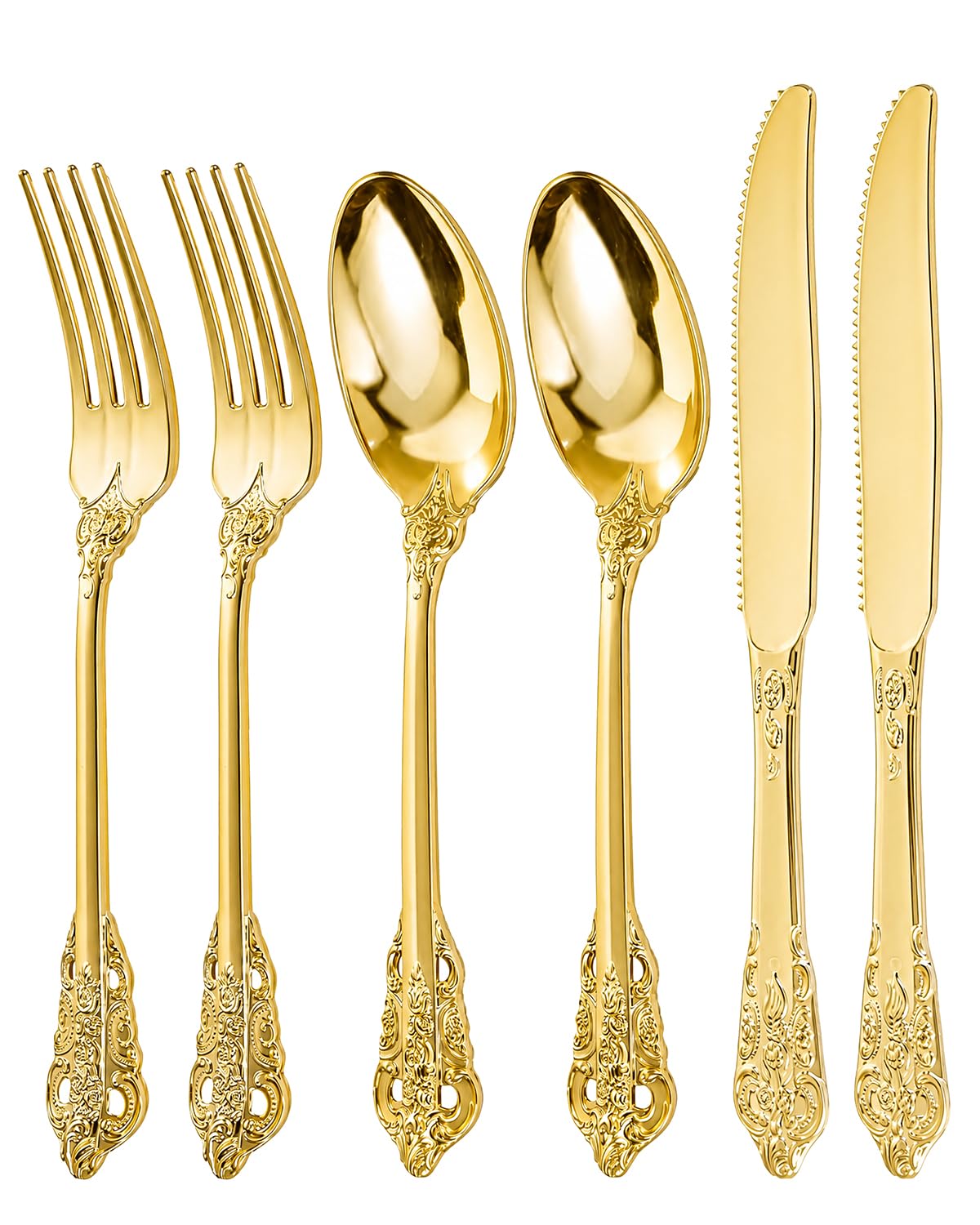 bUCLA HEAVYWEIGHT 300PCS Gold Plastic Silverware Disposable - Extra Heavy Duty Plastic Cutlery - Gold Disposable Utensils Set - Include 100 Knives, 100 Forks, 100 Spoons for Party & Special Moments