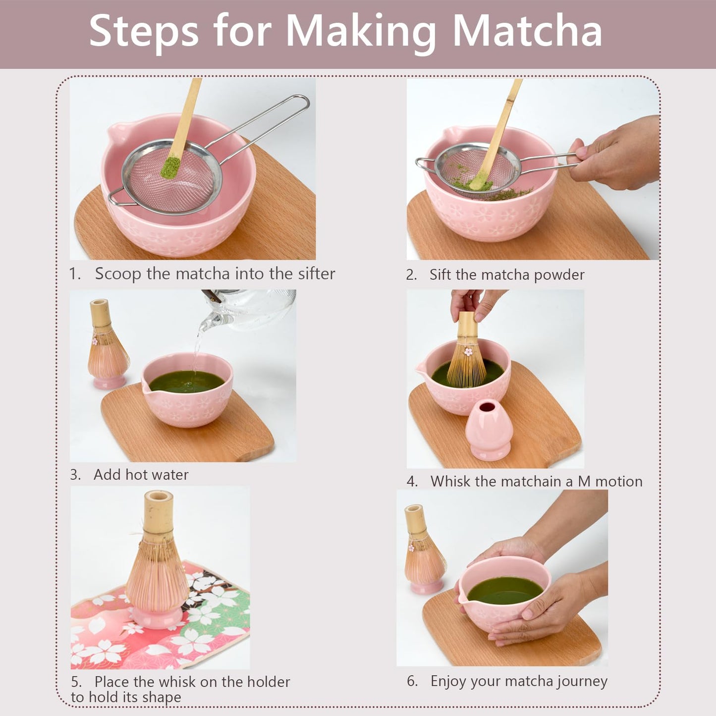 Matcha Whisk Set, Ceramic Matcha Set Includes Matcha Bowl, Bamboo Matcha Whisk and Holder, Bamboo Scoop, Scoop Holder, matcha sifter and Tea Towel - Matcha Kit for Matcha Lovers (Pink)