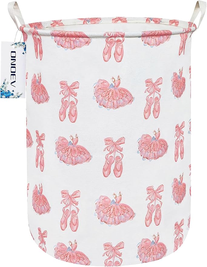 Round waterproof laundry basket,foldable storage basket,laundry Hampers with handle,gift basket,suitable for children's room and toy storage (Pink lace dance shoes)