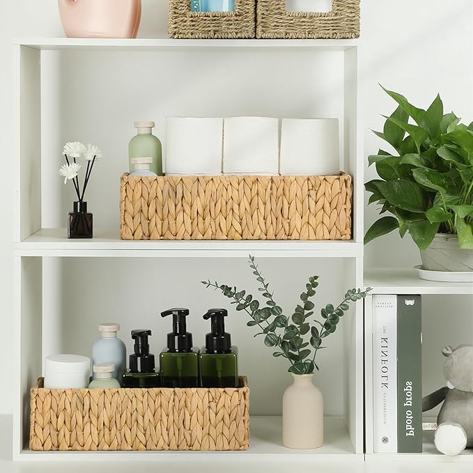 Nesting Small Wicker Basket, Water Hyacinth Toilet Paper Baskets Bathroom Organizer Woven Long Narrow Baskets for Organizing Pantry Bathroom Toilet Tank, 2 Pack
