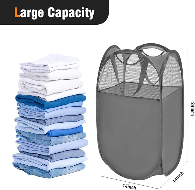 TECHMILLY Pop Up Foldable Laundry Basket, Mesh Laundry Hamper with Reinforced Handles for Dirty Clothes Storage in Dorm, Laundry Room, Bathroom, Grey(Fabric), 2 Pack
